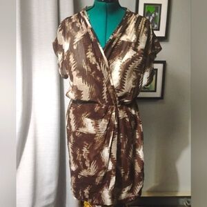 W118 by Walter Baker Abstract Print Faux Wrap Dress Size L in Brown & Cream